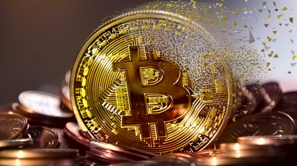 Captivating photo of a shiny Bitcoin with golden triangles and light flares on a reflective surface