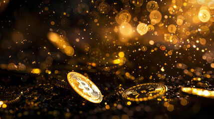 A mesmerizing display of a Bitcoin surrounded by a burst of glittering lights and sparkles on a dark background