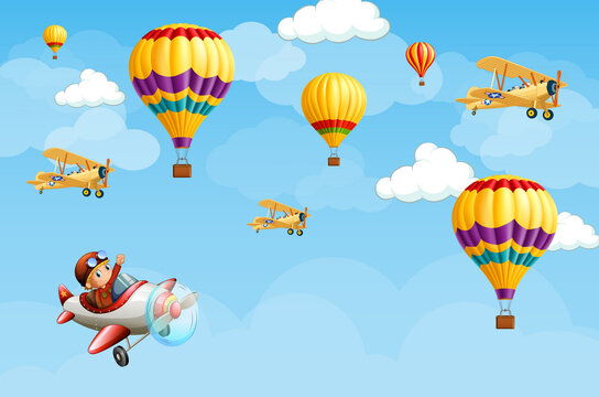 children's picture with mountains, planes and balloons for digital printing wallpaper, custom design wallpaper
