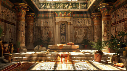 Ancient Egyptian Tomb Stage: Pharaohs with this archaeological stage, adorned with hieroglyphics, sarcophagi, and ancient artifacts, evoking the timeless allure of an Egyptian tomb - obrazy, fototapety, plakaty