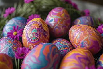 Fototapeta na wymiar A bunch of colorful eggs are arranged in a vase with purple flowers. The eggs are painted in different colors and patterns, creating a vibrant and playful atmosphere