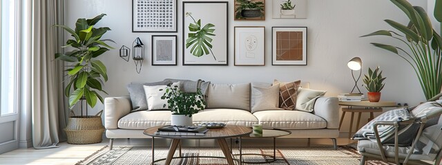 Mockup of an elegant Nordic living room with sofa and paintings, cinema lighting - obrazy, fototapety, plakaty