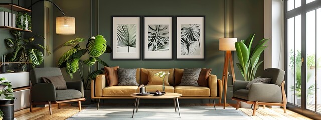 Mockup of an elegant Nordic living room with sofa and paintings, cinema lighting - obrazy, fototapety, plakaty