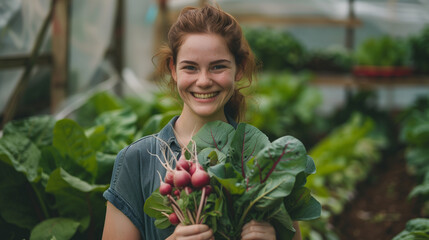 Young woman picking organic Pink Radish in a greenhouse