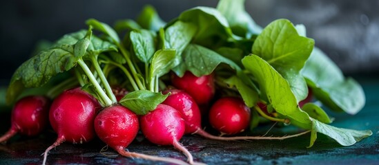 Fresh and vibrant radishes displayed on a rustic wooden table in a farmers market