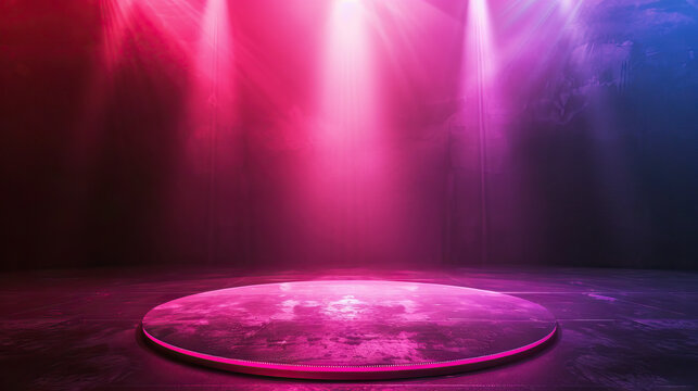 A refined stage featuring a spotlight effect on a central element, utilizing hues like charcoal and magenta to accentuate merchandise