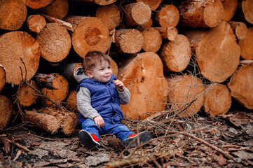 The infectious laughter of a toddler echoes against a backdrop of stacked logs, highlighting the...