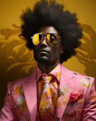 Confident, handsome man with attitude in an elegant and formal tuxedo, wearing sunglasses and a wild afro hairstyle, against a colorful background, yellow, pink, red, orange, gold.