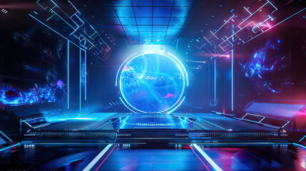 A futuristic stage concept designed to elevate product showcases, integrating augmented reality and holographic projections for a truly immersive experience