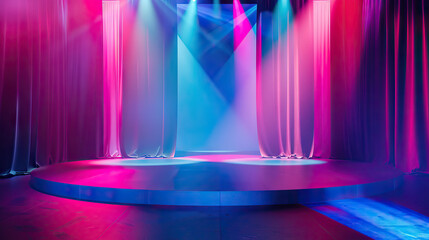 A dynamic stage setting for product showcases, integrating moving lights and vibrant colors to captivate audiences - obrazy, fototapety, plakaty