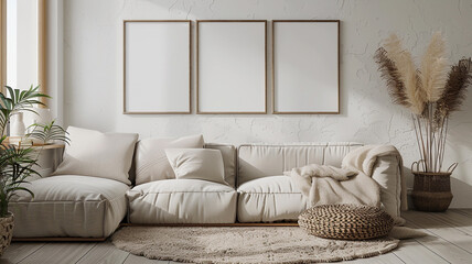 Three empty vertical picture frames in a modern living room with white sofa and boho decor. Wall art mockup.