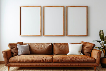 Living room with brown couch and set of three framed pictures. Contemporary interior for wall art mock up.