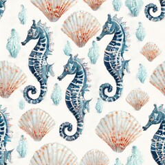 Kolorowa ilustracja, tapeta z konikami morskimi i muszlami