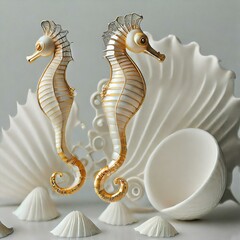Ilustracja 3D z konikami morskimi i muszlami