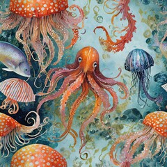 Kolorowa ilustracja z ośmiornicami i meduzami. Podwodne życie, tło, tapeta - obrazy, fototapety, plakaty