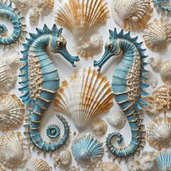 Ilustracja 3D z konikami morskimi i muszlami - obrazy, fototapety, plakaty