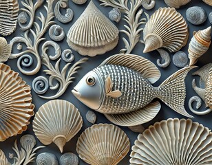 Tapeta 3D z rybami i muszlami - obrazy, fototapety, plakaty