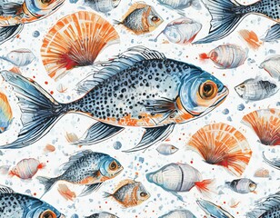 Powtarzający się kolorowy wzór z rybami i muszlami na białym tle, tapeta, ilustracja - obrazy, fototapety, plakaty