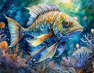 Ryby, muszle i glony. Morskie życie. Ilustracja dna oceanu - obrazy, fototapety, plakaty