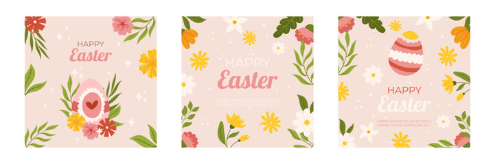 Easter collection of square social media post template. Design with flowers and painted eggs. Hand drawn flat vector illustration.