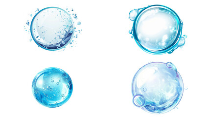 Set or collection of fresh water liquid bubble, transparent and blue, pure and purity concept. Isolated and separated on transparent background. 