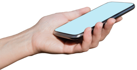 woman's hand holding smartphone with blank copy space screen for your text message or promotional content,transparent, png