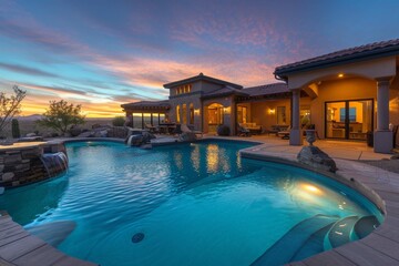 Spectacular Backyard Swimming Pool Designer home. Beautiful Exterior of New Home at Twilight.