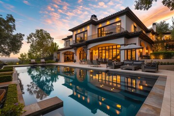 Fototapeta premium Spectacular Backyard Swimming Pool Designer home. Beautiful Exterior of New Home at Twilight.