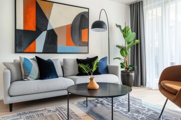 Stylish Modern Living Room with Bold Geometric Wall Art and Grey Sofa