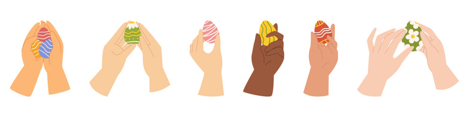 Collection with different hands that are holding easter painted eggs.