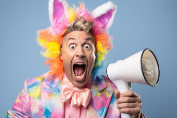 A vibrant, colorful individual in a tie-dye suit and clown wig, holding a megaphone, evoking fun and loud expression.
