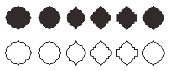 Collection of traditional Islamic window shapes. Set of Mosque Muslim frames in silhouette and outline