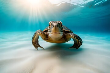 underwater photo of a turtle swimming in tropical sea water, underwater landscape, marine wildlife created with generative ai technology - obrazy, fototapety, plakaty