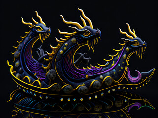 dragon boat gold glitter on black background, Chinese culture theme