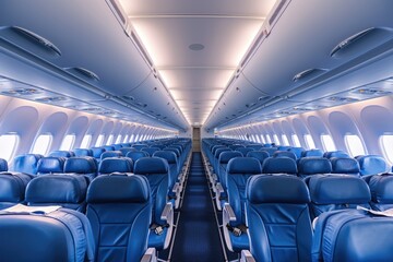 Fototapeta premium Spacious Airplane Cabin Interior with Blue Economy Class Seats