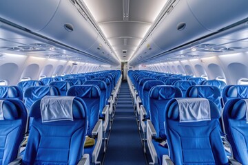 Fototapeta premium Spacious Airplane Cabin Interior with Blue Economy Class Seats