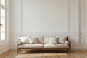 A white couch is positioned in a living room, situated next to a window. Monochrome interior for mockup, wall art. Promotion background with copyspace.