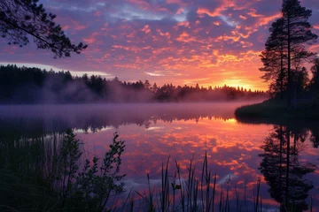 Papier Peint photo Lavable Aubergine Sunrise at camping in northern Sweden