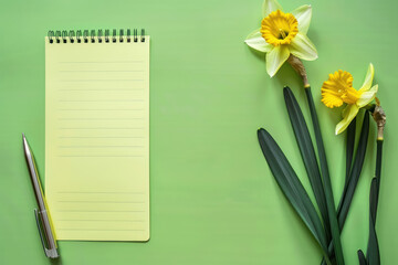 spring themed notepad with yellow daffodils on a vibrant green background