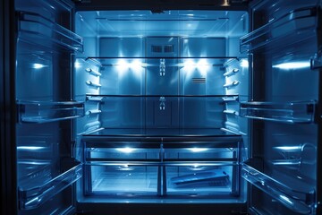 Empty Stainless Steel Refrigerator Interior with Shelves and LED Lighting