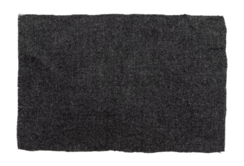 A piece of torn black fabric on a white background. Dark isolate material for sewing clothes