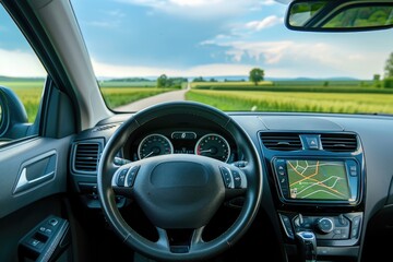 Scenic Drive Through Countryside - View from Car Interior with GPS Navigation