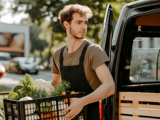 A young man delivers fresh vegetables