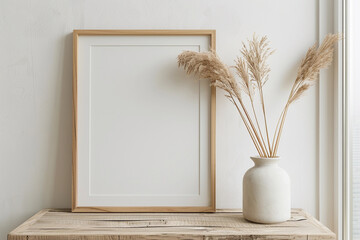 A picture frame for wall art mock up is placed on top of a wooden table with boho beige vase decor.