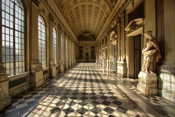 Elegant Palace Corridor with Statues and Checkered Floor