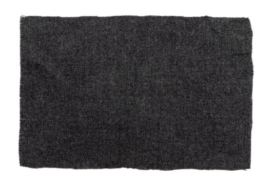 A piece of torn black fabric on a white background. Dark isolate material for sewing clothes