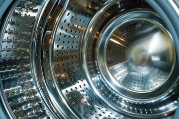 Inside View of a Modern Washing Machine Drum with Blue Lighting - obrazy, fototapety, plakaty