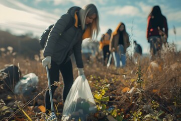 Volunteers cleaning up a natural area, focusing on a woman picking up trash