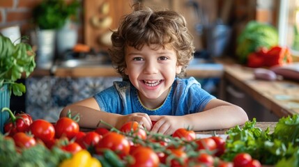 Fototapeta na wymiar A young boy with curly hair smiles brightly surrounded by a bounty of fresh tomatoes on a kitchen counter, evoking themes of healthy eating and joy in simple pleasures.