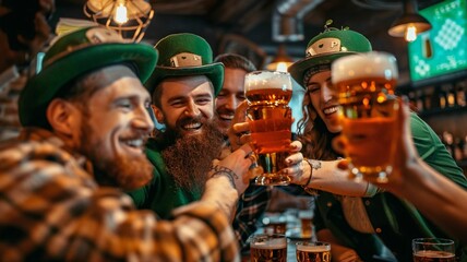 men celebrates St. Patrick's Day at bar - obrazy, fototapety, plakaty
